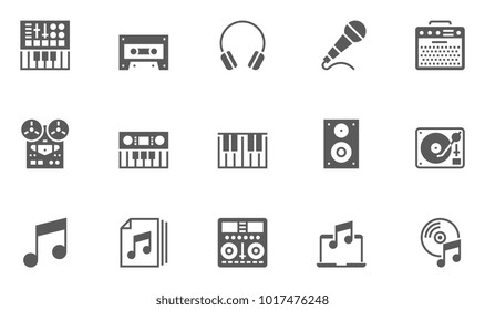 Music Vector Icons Set. Contains Keyboard, Music Speaker, Musical Equipment and more.