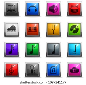 music vector icons in square colored buttons for web and user interface design