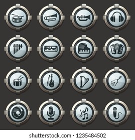 Music vector icons in the stylish round buttons for mobile applications and web