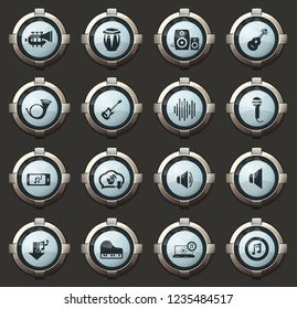 Music vector icons in the stylish round buttons for mobile applications and web
