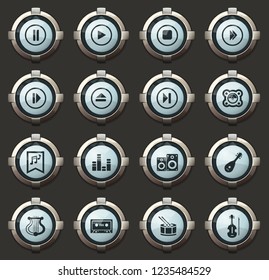 Music vector icons in the stylish round buttons for mobile applications and web