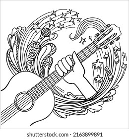 Ilustración vectorial de música. Dibujo de doodle dibujado a mano con música a mano con guitarra acústica