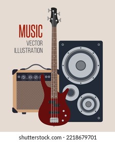 Music vector illustration design. Sound speaker, bass guitar and amplifier in flat style. Isolated color illustration.