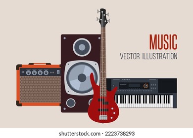 Music vector illustration design. Sound speaker, bass guitar, amplifier, synthesizer in flat style. Isolated color illustration.