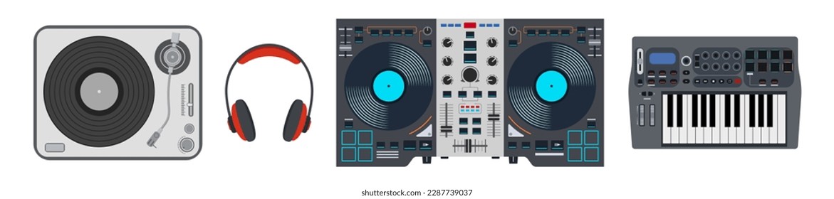 Music vector illustration design. Vinyl record player, headphones, dj remote, synthesizer.  Flat design style. Vector color illustration. Musical vector set.