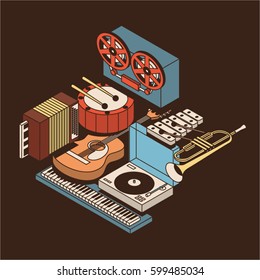 Music, vector illustration, icon set, isometric background. Drum, reel tape recorder, xylophone, trumpet, dj mixer, acoustic guitar, accordion, piano