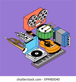 Music, vector illustration, icon set, isometric background. Drum, reel tape recorder, xylophone, trumpet, dj mixer, acoustic guitar, accordion, piano