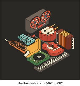 Music, vector illustration, icon set, isometric background. Drum, reel tape recorder, xylophone, trumpet, dj mixer, acoustic guitar, accordion, piano