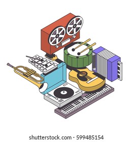 Music, vector illustration, icon set, isometric background. Drum, reel tape recorder, xylophone, trumpet, dj mixer, acoustic guitar, accordion, piano