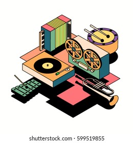 Music, vector illustration, icon set, isometric background. Drum, reel tape recorder, xylophone, trumpet, dj mixer, accordion