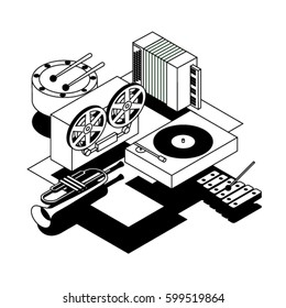 Music, vector illustration, icon set, isometric background. Drum, reel tape recorder, xylophone, trumpet, dj mixer, accordion