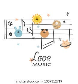 Music vector illustration with notes as animals for kids design, fashion, t-shirt print