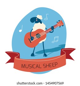 Music vector illustration. Sheep with guitar. 