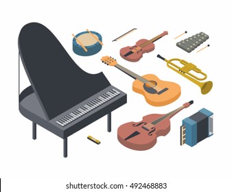 Music, vector isometric concept illustration, icon set, poster, white background, 3d. Musical instruments: bass, trumpet, accordion, guitar, xylophone, harmonica, violin, grand piano