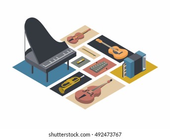 Music, vector isometric concept illustration, icon set, poster, 3d. Musical instruments: grand piano, bass, trumpet, accordion, guitar, xylophone, harmonica, violin