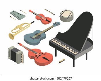 Music, vector isometric concept illustration, icon set, poster, white background, 3d. Musical instruments: bass, trumpet, accordion, guitar, xylophone, harmonica, violin, grand piano