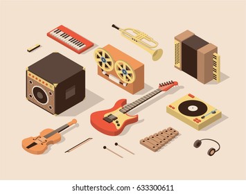 Music, vector isometric illustration, 3d icon set, Amplifier, reel tape recorder, violin, electric guitar, xylophone, headphones, dj mixer, accordion, trumpet, piano