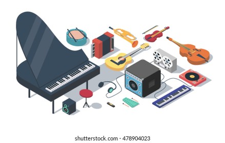 Music, vector isometric illustration, icon set: bass, turntable, synthesizer, reel tape recorder, amplifier, xylophone, guitar, trumpet, accordion, drums, violin, headphones, harmonica, piano