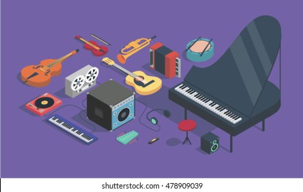 Music, vector isometric illustration, icon set: bass, turntable, synthesizer, reel tape recorder, amplifier, xylophone, guitar, trumpet, accordion, drums, violin, headphones, harmonica, piano