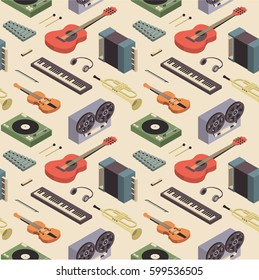 Music, vector isometric seamless pattern, 3d icon set