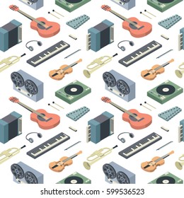 Music, vector isometric seamless pattern, 3d icon set