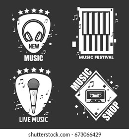 Music vector labels headphones, microphone for recording company festival