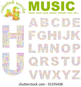 MUSIC. Vector letter collection. Illustration with different association terms.