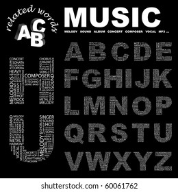 MUSIC. Vector letter collection. Illustration with different association terms.