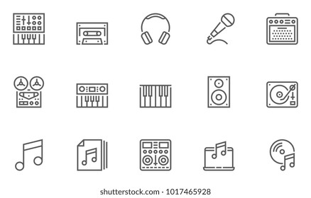 Juego de iconos de línea de vectores musicales. Contiene teclado, altavoces musicales, equipo musical y mucho más.Trazo editable. 48x48 Pixel Perfecto.