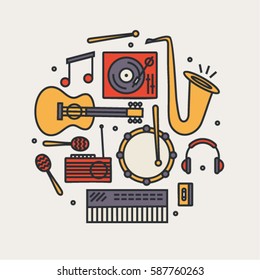 Music, vector outline illustration, icon set, background. Musical instruments. Trumpet, dj mixer, note, guitar, drum, maracas, radio, cassette, headphones