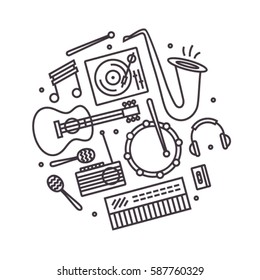 Music, vector outline illustration, icon set, background. Musical instruments. Trumpet, dj mixer, note, guitar, drum, maracas, radio, cassette, headphones