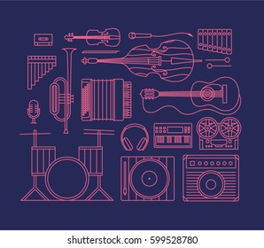 Music, vector outline illustration, icon set, art background. Audio cassette, violin, bass, flute, xylophone, trumpet, accordion, guitar, drum, headphones, dj mixer, amp