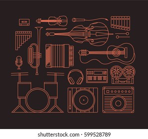 Music, vector outline illustration, icon set, art background. Audio cassette, violin, bass, flute, xylophone, trumpet, accordion, guitar, drum, headphones, dj mixer, amp