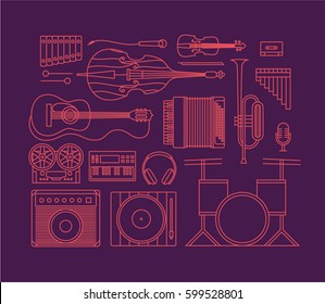 Music, vector outline illustration, icon set, art background. Audio cassette, violin, bass, flute, xylophone, trumpet, accordion, guitar, drum, headphones, dj mixer, amp