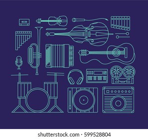 Music, vector outline illustration, icon set, art background. Audio cassette, violin, bass, flute, xylophone, trumpet, accordion, guitar, drum, headphones, dj mixer, amp