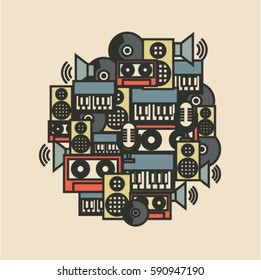 Music, vector outline illustration, poster, white background. Audio cassette, dynamic, piano, vinyl record, radio