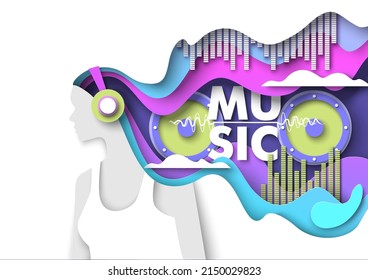 Cartel de corte de papel vector de música con la chica escuchando melodía a través de auriculares. Diseño de líneas de niveles de audio y altavoz. Fiesta de disco, fondo de publicidad de rendimiento de jockey de disco