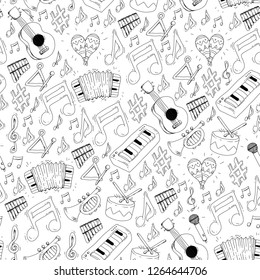 Music vector pattern. Jazz, rock festival. Musical instruments and notes.