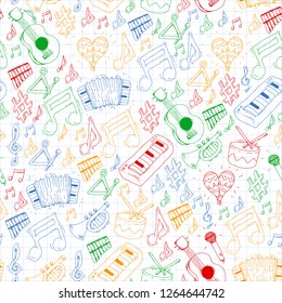 Music vector pattern. Jazz, rock festival. Musical instruments and notes.
