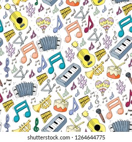 Music vector pattern. Jazz, rock festival. Musical instruments and notes.