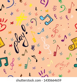 music vector pattern on beige hand drawn doodle