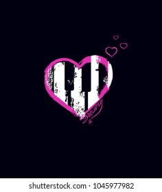 Music vector print for female t-shirt. Design for screen-printing press, two colour print. Stylized piano and heart. For textile clothes in fashion luxury design. 