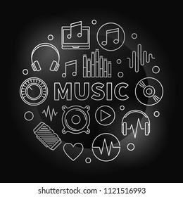 Music vector round silver illustration made with outline concept icons on dark background