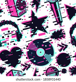 Music vector seamless pattern. Glitch audio sign background. Design elements banner. Sound equipment.