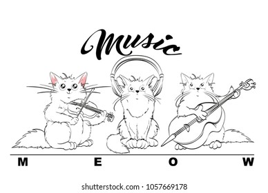 Music. Vector set of cute spring cats. Orchestra of charming kittens. Fiddler, double bass and music lover. Illustration in sketch style. Three kittens. Funny cartoon characters.
