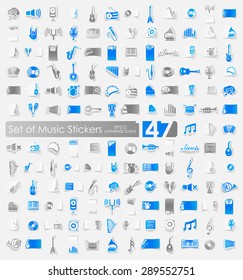music vector sticker icons with shadow. Paper cut