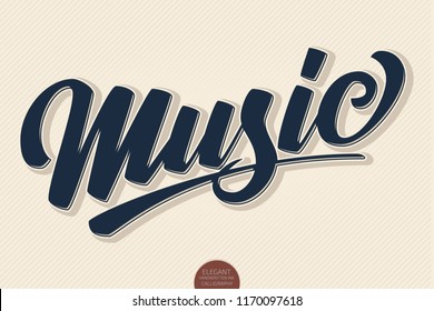 Music. Vector volumetric hand drawn lettering. 3D elegant modern handwritten calligraphy. Music Ink illustration. Typography poster for cards, invitations, prints, promotions, posters, banners etc