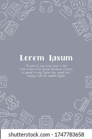 Music - vertical card with text and vector outline illustrations of sound equipment for graphic design