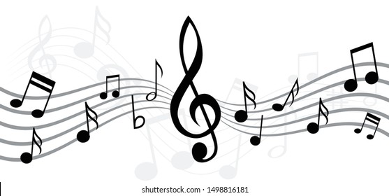 Music vibes key notes stave line pattern symbols icon for staff and music note theme. Quaver background wave  Piano, jazz sound notes Fun vector key sign Classic clef Doodle quaver G  melody on paper