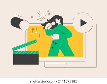 Music video abstract concept vector illustration. Official videoclip, internet and tv premiere, music video production, professional director, shooting crew, musician promotion abstract metaphor.